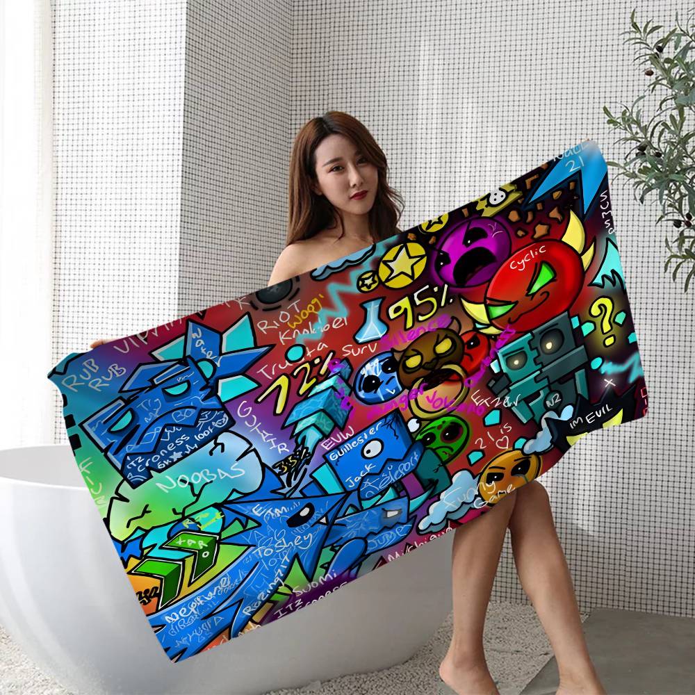 G-Geometry-Dash Hyper-Rhythmic-Neon Beach Towel Colorful Bath Towels for Girl Quick Dry Custom Sand Free Beach Yoga Spa Gym Pool
