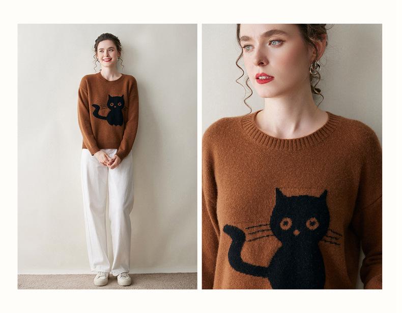 2025 Autumn/Winter Women's Cashmere Kitten Jacquard Long Sleeve Sweater - Round Neck