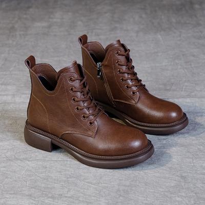 Short Boots Women's Autumn and Winter New Soft-soled Flat-soled Ankle Boots Retro Velvet Low-top Leather Shoes Ankle Bootie
