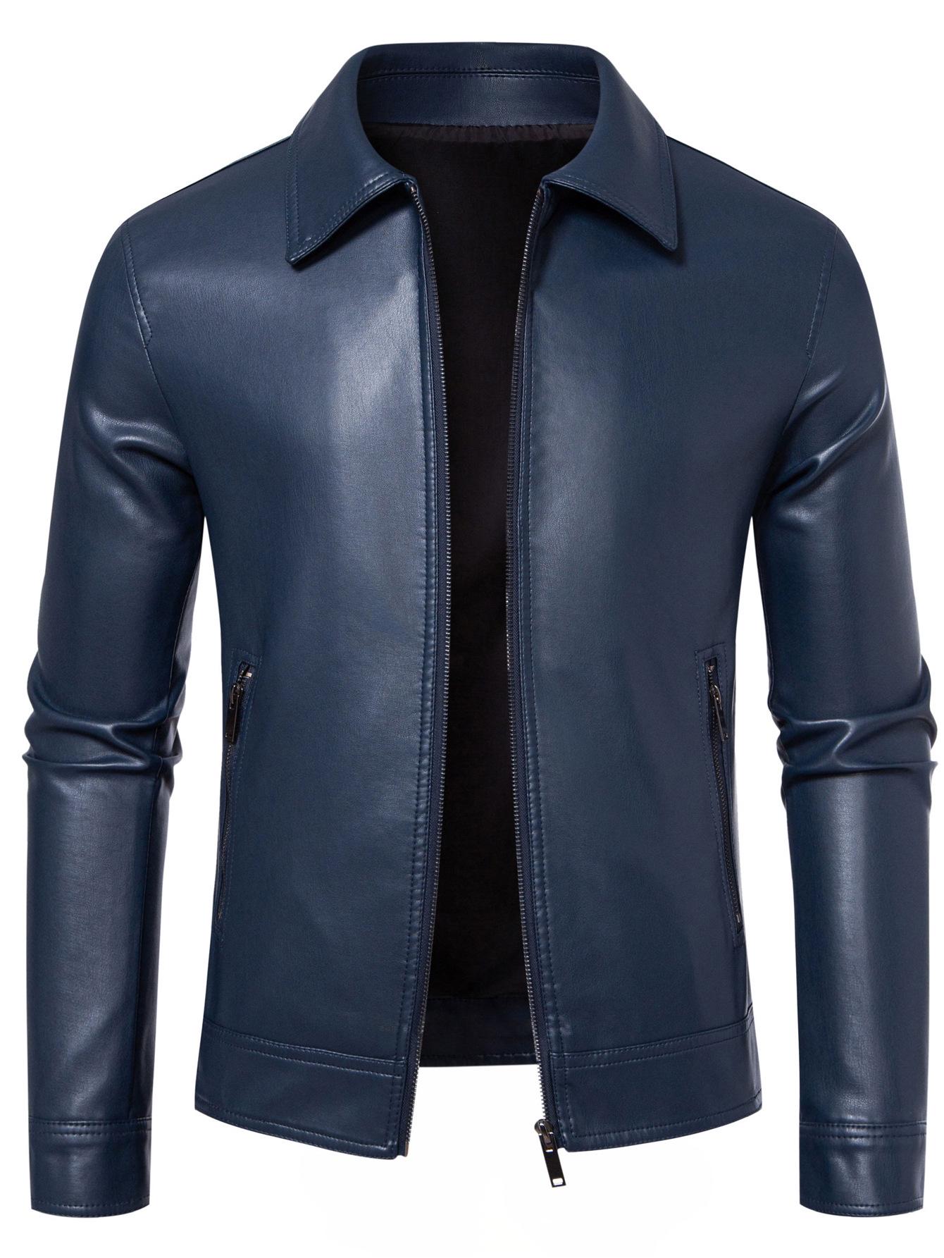 Men s PU Leather Motorcycle Jacket with Lapel - Autumn Style XL темно-синий (тонкий)