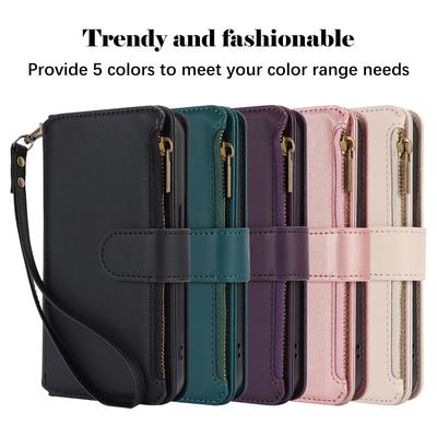 Applicable To iPhone16 Leather Case Samsung S25 Solid Color Multi-card Zipper Wallet Protective Case 15Pro Multi-function Oblique Span