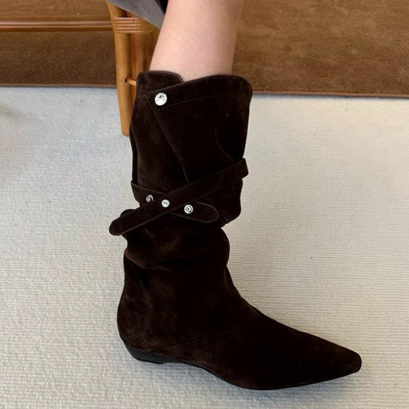 Korean version of pointed thick heel western cowboy boots women's 2025 autumn and winter new fashion versatile wide tube stacking boots medium tube b