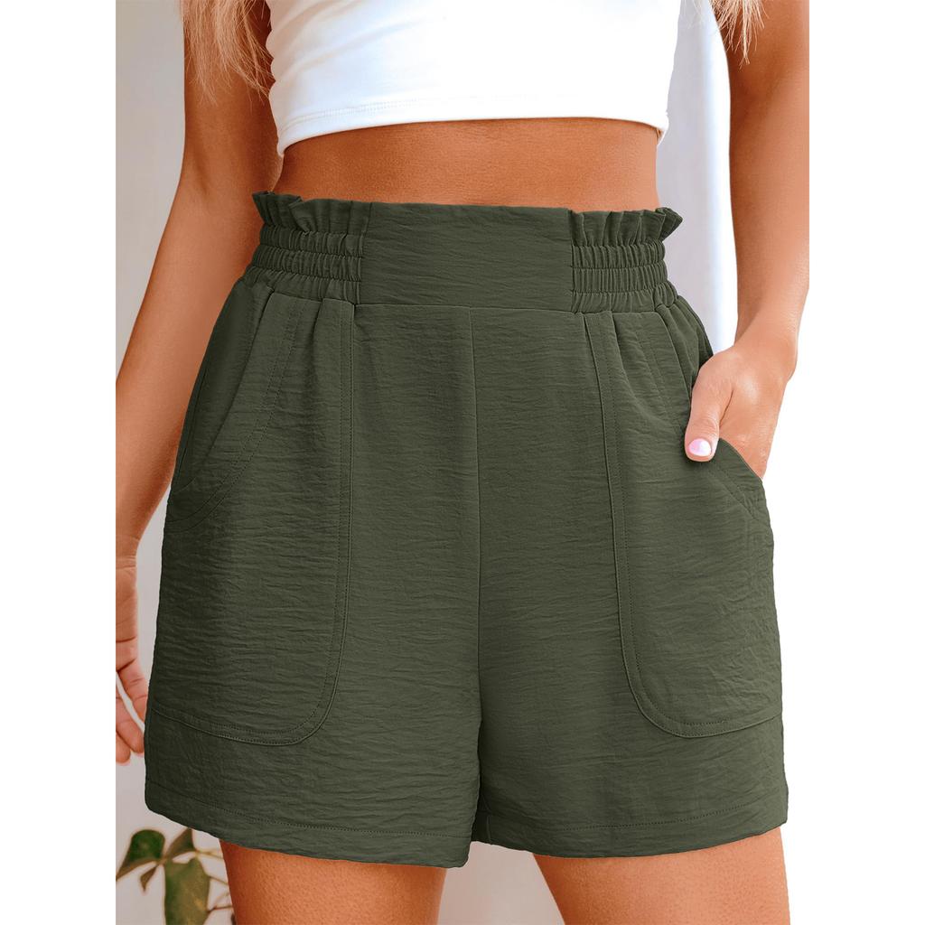 Women's High Waist Elastic Waistband Casual Shorts Loose Fit Wide Leg Solid Color Beach Vacation Summer Shorts