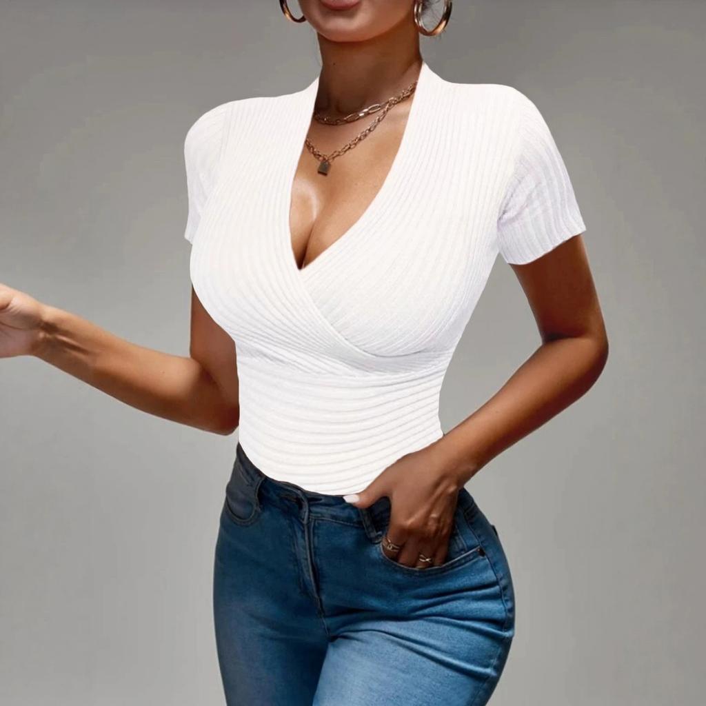 Women's Fitted V-Neck Ribbed Knit Top for Casual Everyday Wear