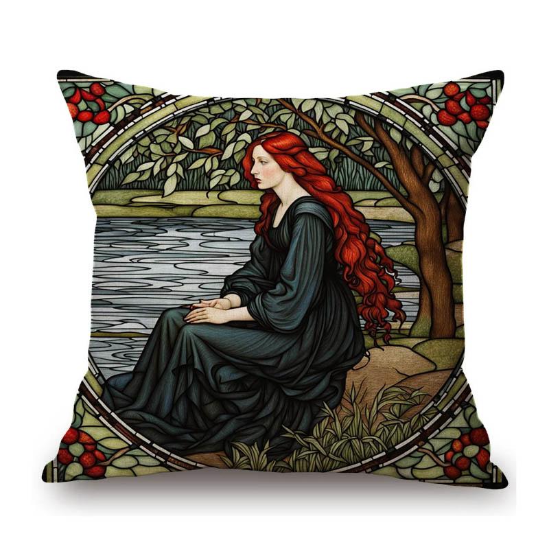Renaissance Pre-Raphaelitism William Morris Round Stained Glass Window Elegant Lady Girl Decoration Pillow Case Cushion Cover