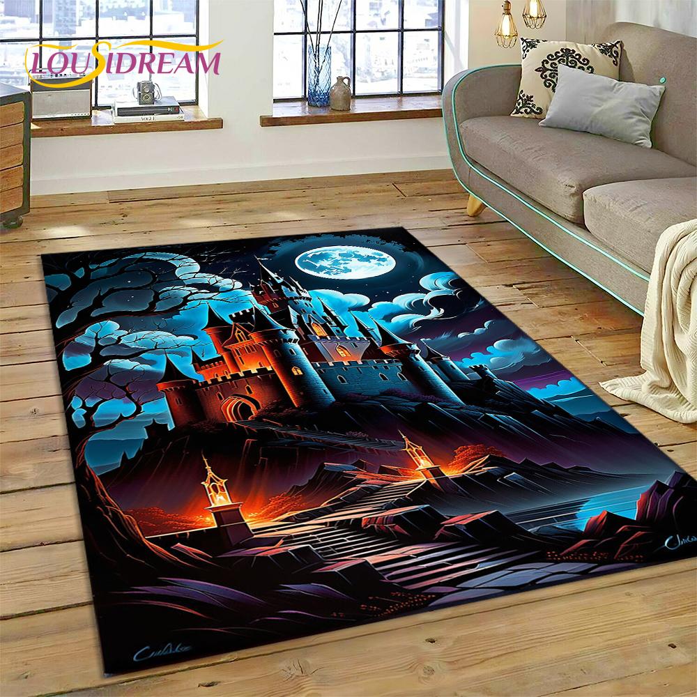 Castello da Favola da Sogno Misterioso Gotico Cartone Animato Tappeto Tappetino per Soggiorno Camera da Letto Casa Divano, Tappeto per Area Bambini Tappetino Antiscivolo