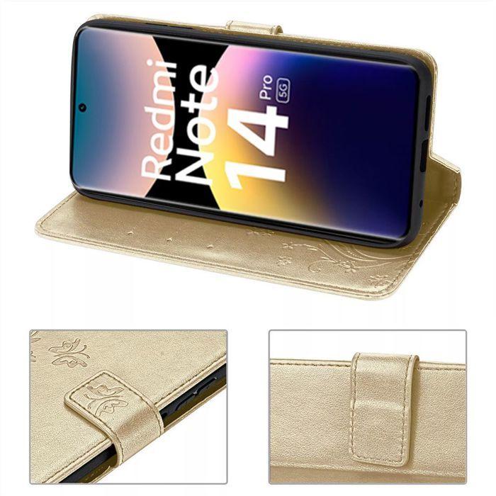Hülle für Xiaomi Redmi Note 14 Pro 5G (nicht für 4G) Schutz Kunstleder Stoßfest Gold Schmetterling Blumenmuster