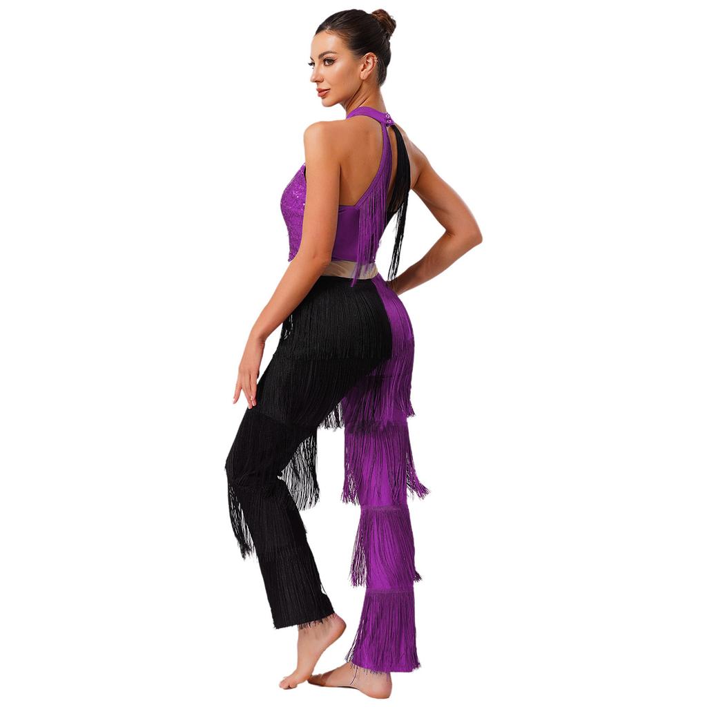 Mono Disco Mujer Años 70 Lentejuelas Brillantes Pecho Flecos Borlas Pantalón Largo Color Contraste Body de Una Pieza Ropa de Club para Baile