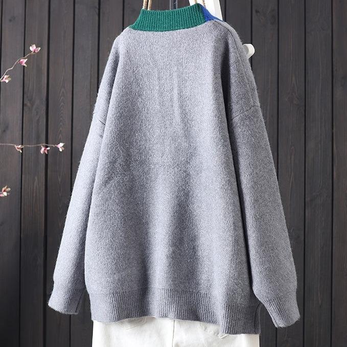 Women Sweaters V Neck Long Sleeved Cardigan Jumpers Knit Patchwork Loose Sweater Thick Spliced Elegant Outwear Pockets