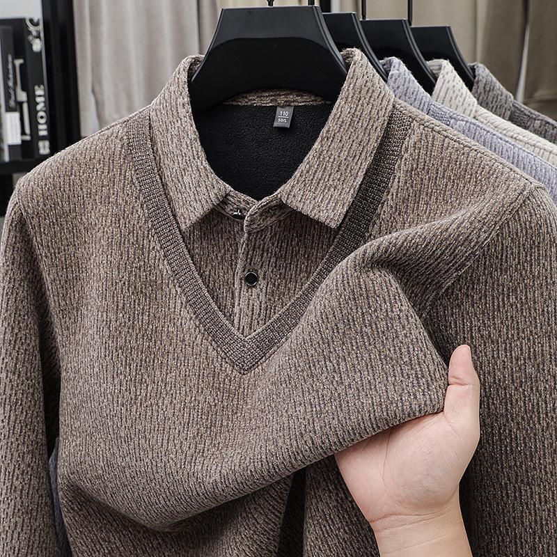 Men's Thick Fleece-Lined Knitwear: Two-Piece Look, Autumn/Winter Style for Middle-Aged & Young Casual Wear.
