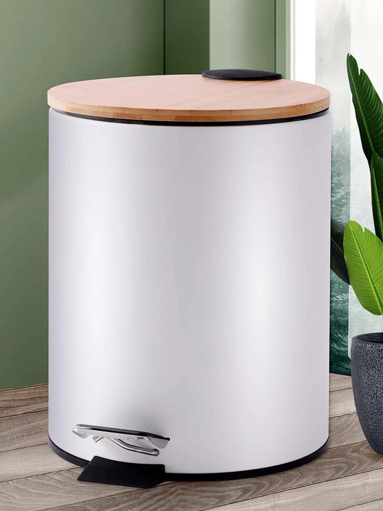 Zimmer Weiß Runder Metall Mülleimer mit Bambusdeckel und Pedal 5L Müllbehälter Eimer mit Herausnehmbarem Inneneimer Badezimmer