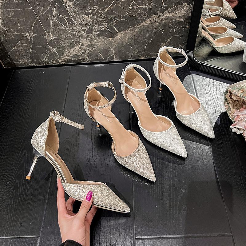 Sandali Peep Toe Bianchi a Punta con Tacco Alto, Cinturini Glitterati e Design Svuotato per Matrimonio e Damigella d'Onore