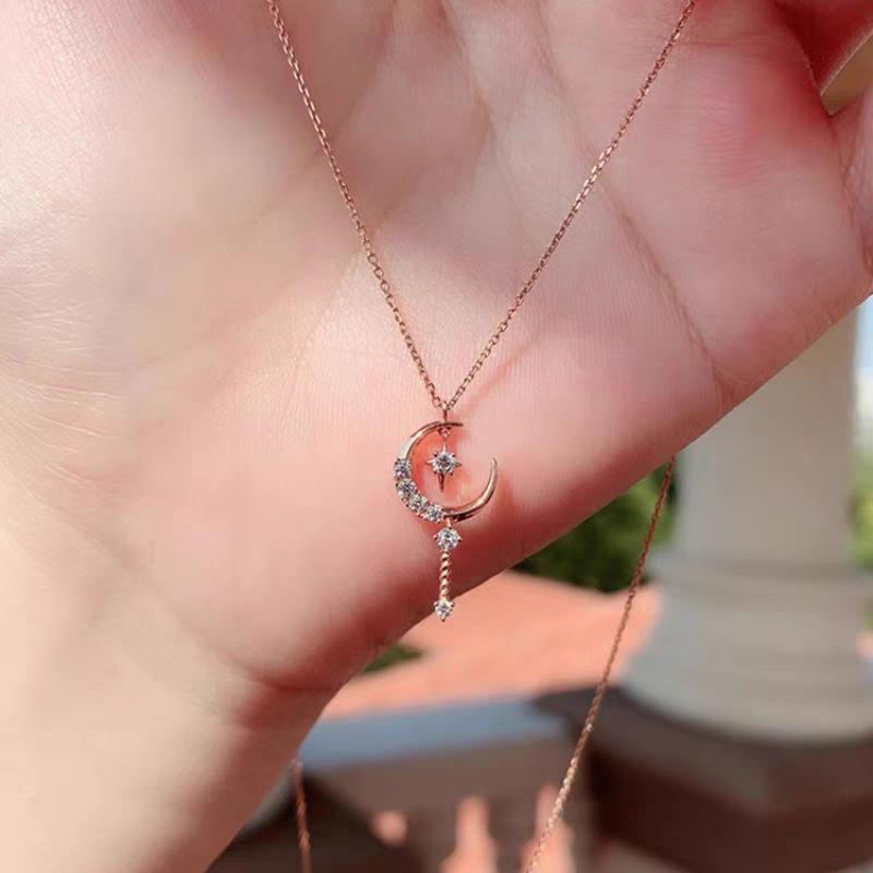 S925 Sterling Silver Star and Moon Pendant Necklace for Women - Elegant Collarbone Chain Jewelry Gift 925 Silver розового золота