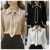 Womens Elegant Solid Color Long Sleeve Blouse V-Neck Office Shirt Soft Satin Fabric