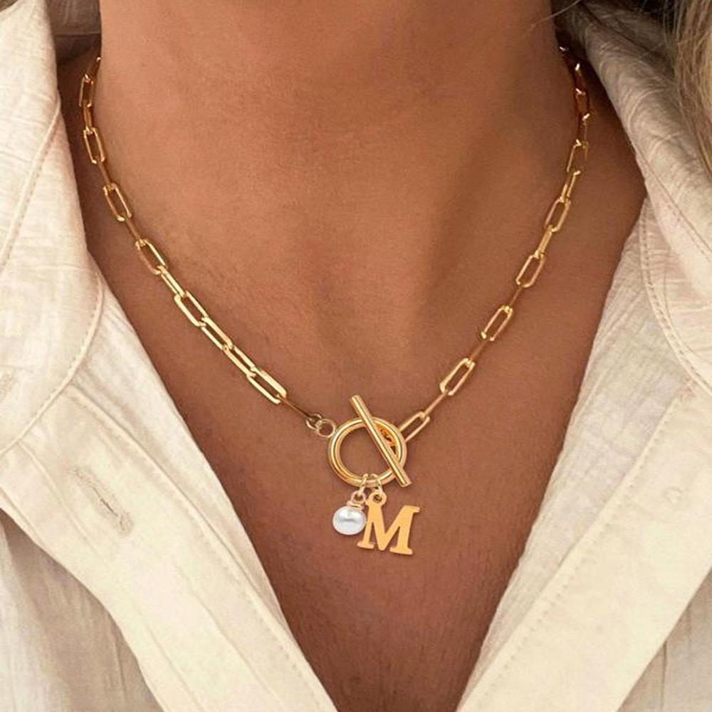 26 Letter Imitation Pearl Pendant Popular Stainless Steel OT Buckle Paperclip Necklace Girls Jewelry