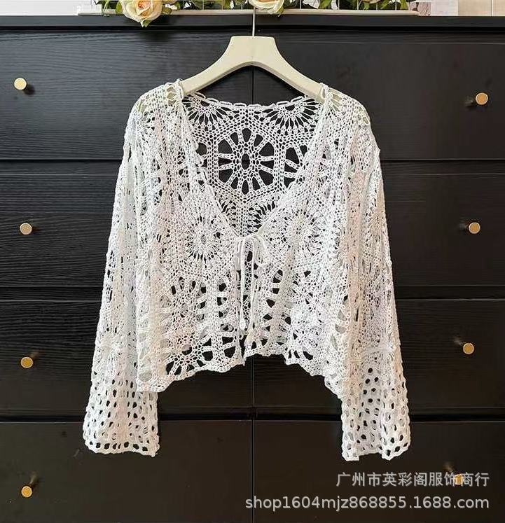 Summer Thin Knitted Sweater Women's Embroidered Hollow Long-sleeved Beach Clothes Women's Top Lace-up Jacket Versatile