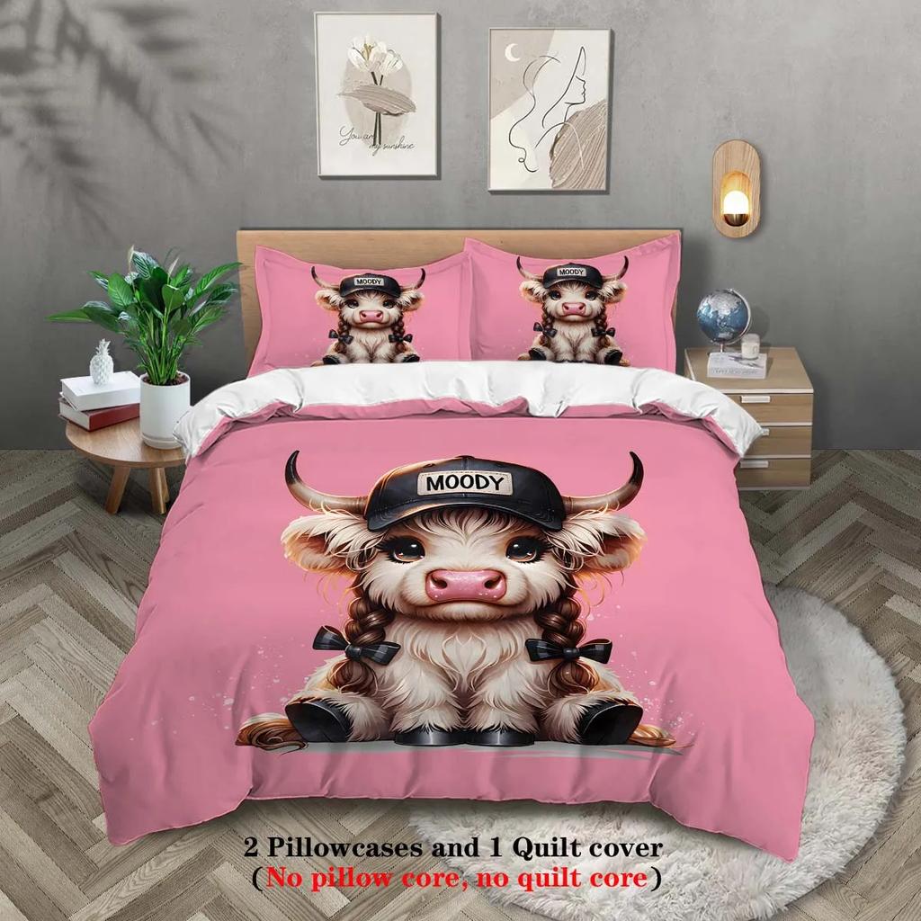 Three-piece set (1 duvet cover, 2 pillowcases, no core), cute cartoon cool highland cow element printed bedding, multiple sizes