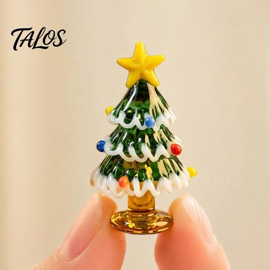 Small Christmas Gift for Home Handmade Glass Mini Tree Figurine, Blown Tabletop Ornament with Festive Holiday Decoration Star Topper, Desktop