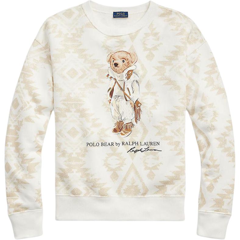 Ralph Lauren Polo Bear FW21 Bear Pattern Cotton Polyester Blend Fleece Crew Neck Pullover Long Sleeve Sweatshirt Women Beige 211846895-001 XXS