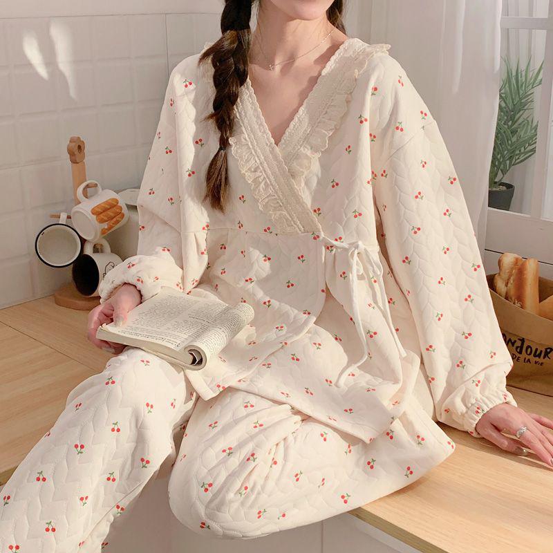Plus Size Maternity Kimono Pajamas - Autumn/Winter Cotton for Postpartum & Breastfeeding