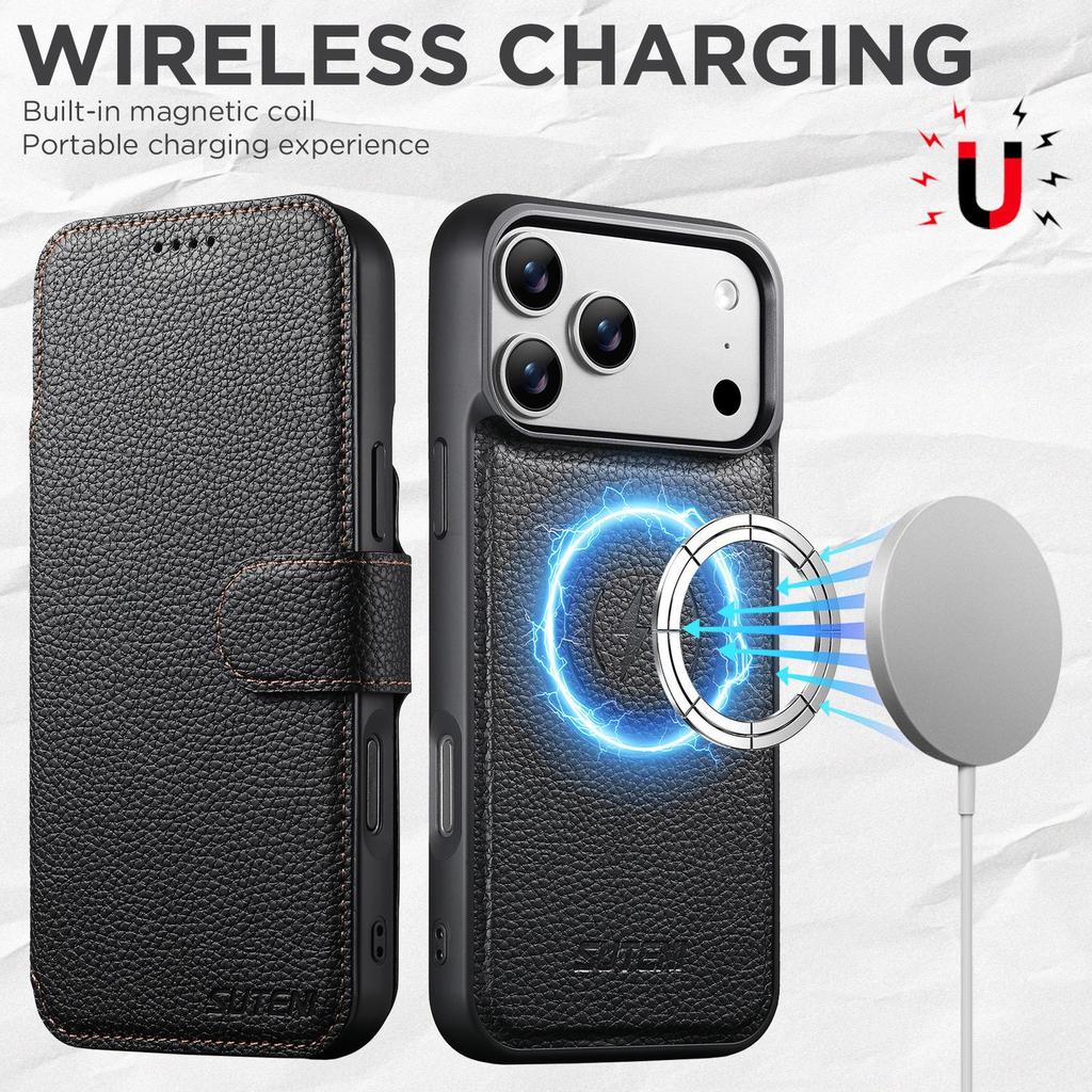 IPhone 17 Pro Flip-Hülle mit Kartenfach: Magnetisch, Kabelloses Laden, Zwei-in-Eins-Ständer, Farbblock-Leder.