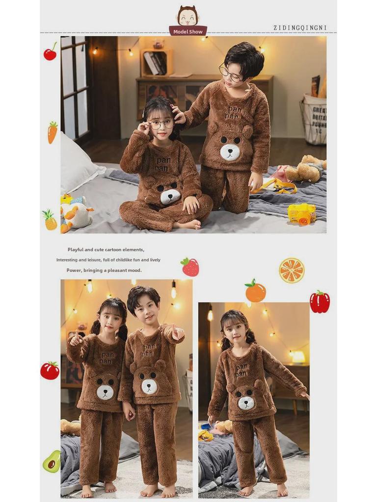 Zimowa Flanelowa Piżama Dziecięca - Gruba Polar Koralowy, Pluszowa Odzież Domowa dla Chłopców i Dziewcząt, Rozmiary od Małego do Dużego