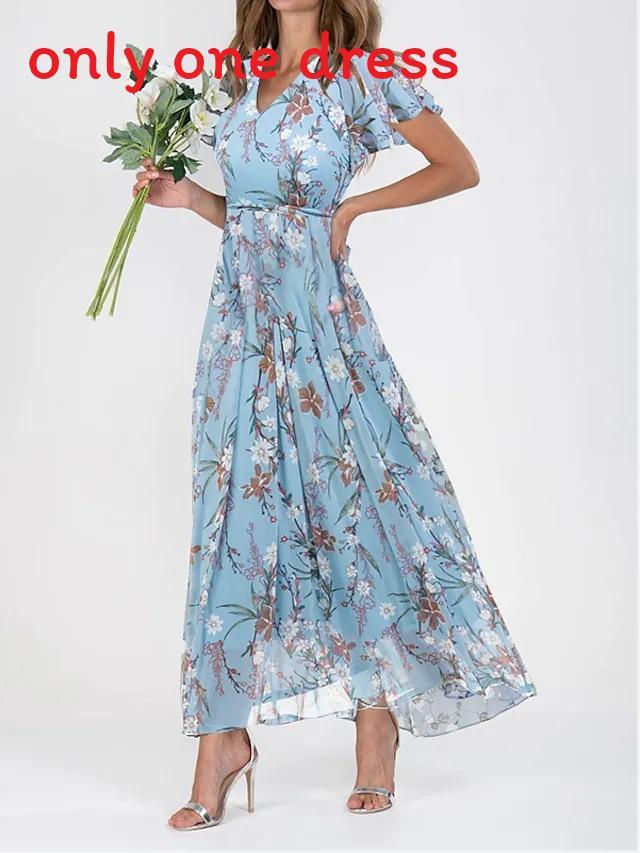 Summer Floral Chiffon Maxi Dress With Ruffle Vneck For Casual Wear