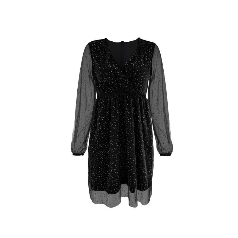GMXIA Elegant Dress Mesh Sprinkles Pure Colour Seven Sleeve V-Neck Splicing Women's Midi Dresses