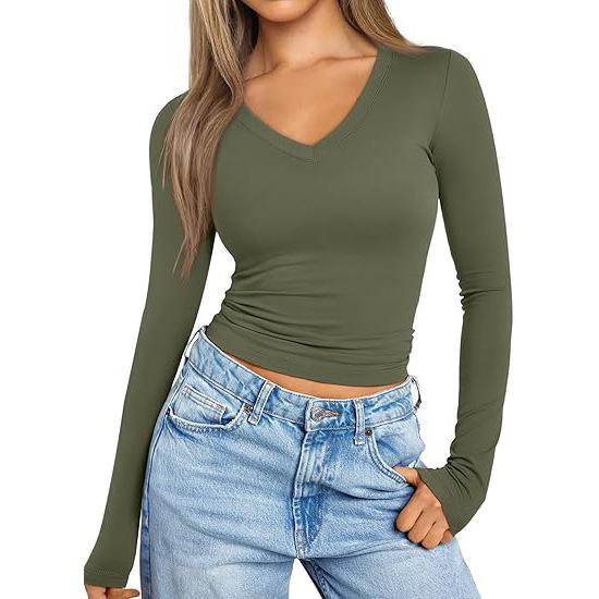 European & American Women s V-Neck Long-Sleeve Slimming Bodycon Milk Silk Top Small армия зеленый
