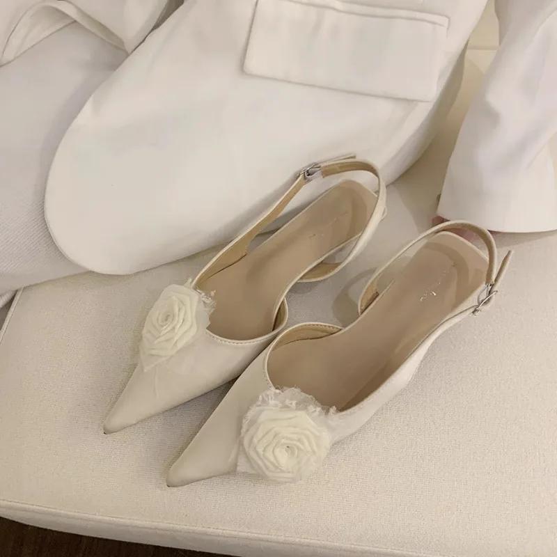 Elegant Woman Sandals High Heeled Sweet Rose Closed Toe Footwear Summer Slingback Pointed Fashion Dress Ladies Shoes