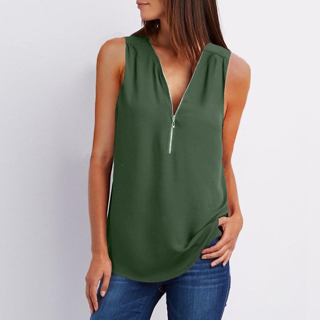Women‘s Zipper V-Neck Sleeveless Casual Solid Tops Blouse Loose Vest T-Shirts