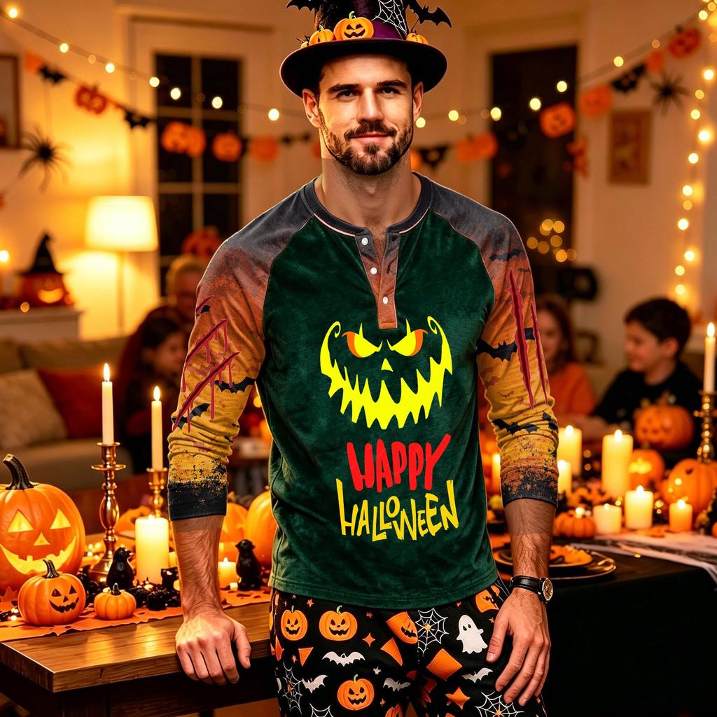 Men's Long Sleeve Shirt with Halloween Print for Holiday Parties and Casual Wear