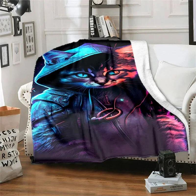 Creative Dreamy Cat Digital-printed Polyester Bedroom Velvet Flannel Cover Blanket Fleece Soft Sofa Cover Blankets for Beds