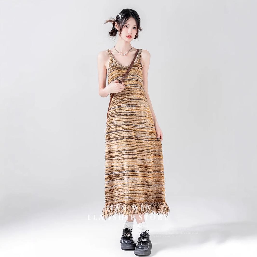

Women s Retro Striped Color Block Tassel Dress - Slim Fit Waist, Autumn 2025 One Size [Premium Version] серый