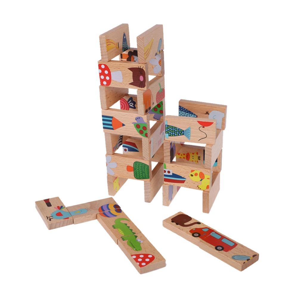 28 Pieces Wood Animal Puzzle Blocks Early Learning Wood Building Blocks Set Kids