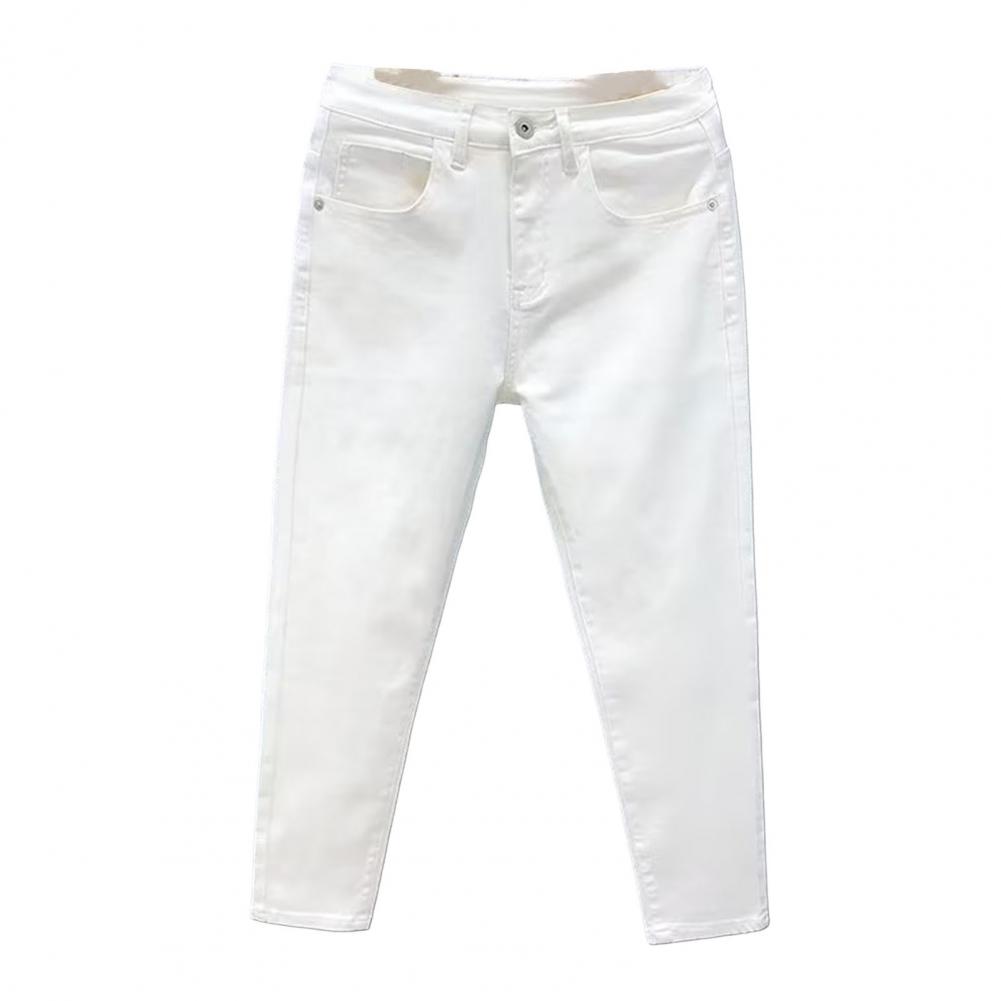 Men Jeans Buttons Zipper Fly Slim Fit Small Leg Jeans Solid Color Multi Pockets Design Stretchy Denim Pants