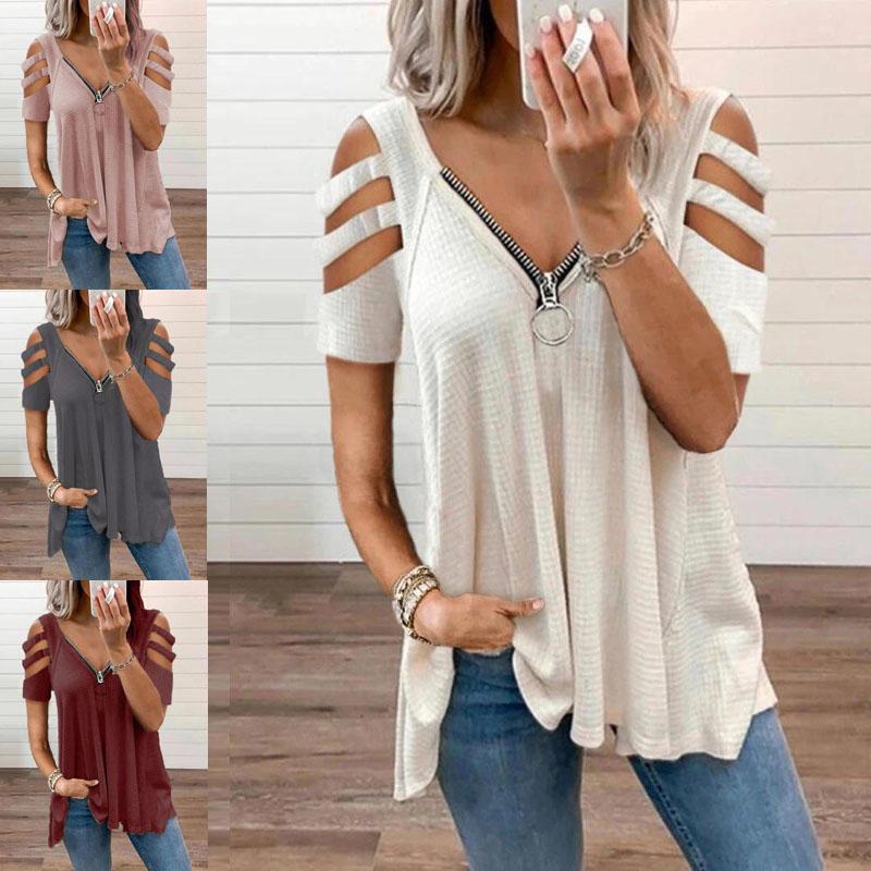 

Летние модные блузки на молнии с v-образным вырезом, рубашки, женские элегантные пуловеры с вырезами, топы