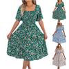Women's Fashionable Floral Print Square Collar  Short Sleeved Dress With Large Skirt And Loose Fit
