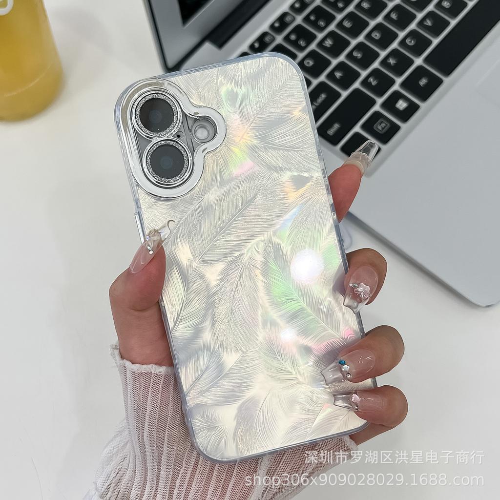 Feather Laser Is Suitable for Apple 16Promax Mobile Phone Case Apple 15 Feather Glitter Lens Film 14 All-inclusive Anti-drop.