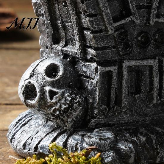 Dark Haunted House Figurine Halloween Ornament, Resin Miniature, Shape Old Stone Texture Decor with Skull Elements Desktop Decoration for Micro