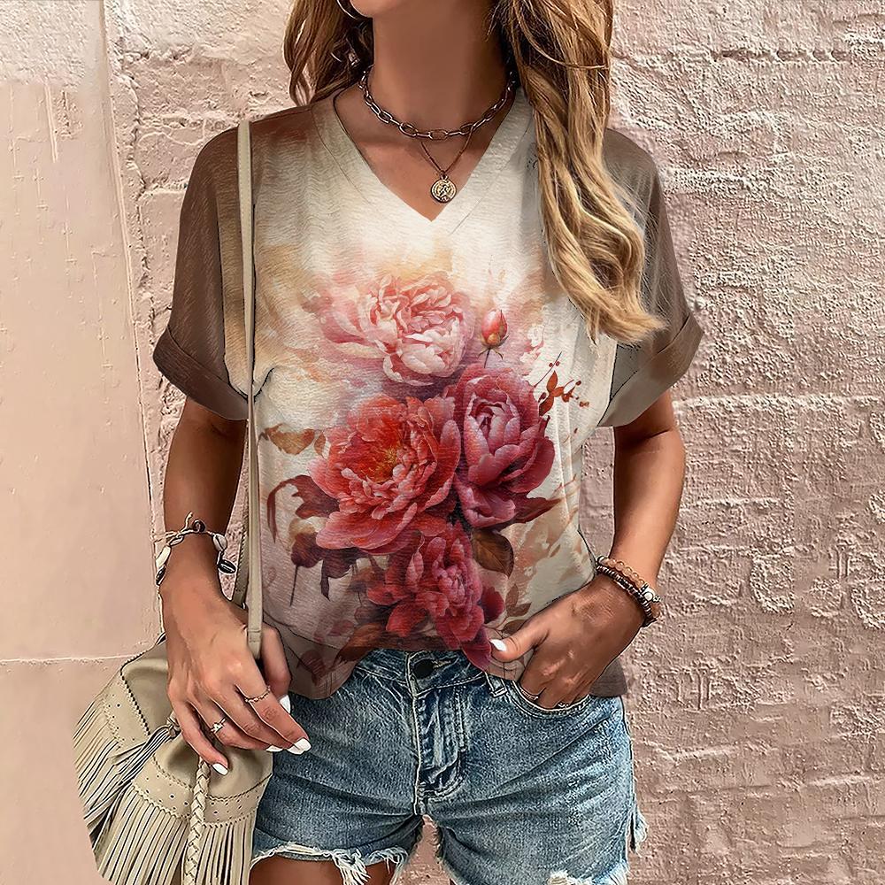 Summer Women's T-shirt Floral Print Casual Short-sleeved 3d T-shirt Fashion Streetwear V-neck Pullover