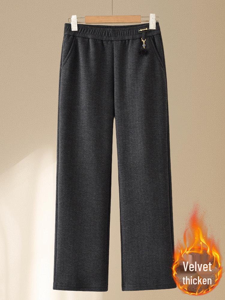 Mom’s Fleece-Lined Wool Pants - Warm, Thickened Flannel for Elderly, Straight-Leg Style, Perfect for Autumn & Winter