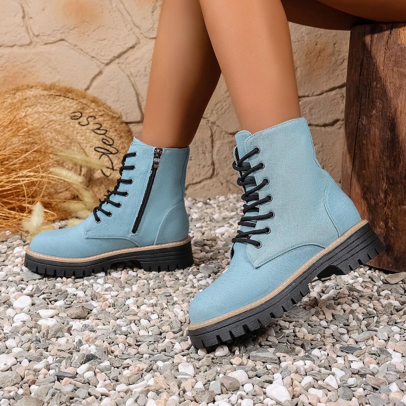 Dámské džínové kotníkové boty se silnou podrážkou 2025 podzimní móda batikované se zipem na boku westernové kovbojské boty dámské platformové boty plus size