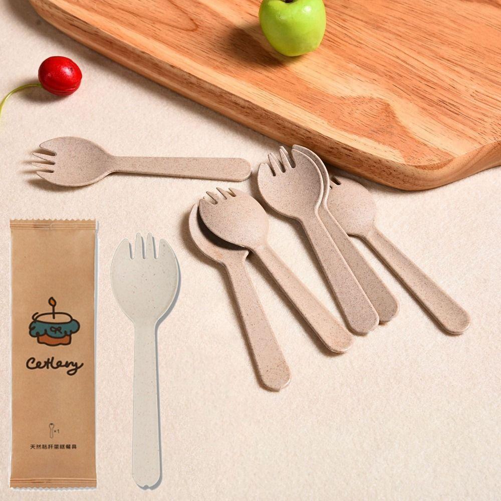 100Pcs Eco-Friendly Disposable Spoon Fork Wheat Straw Mini Fork Set Dessert Cake Fork  Tableware
