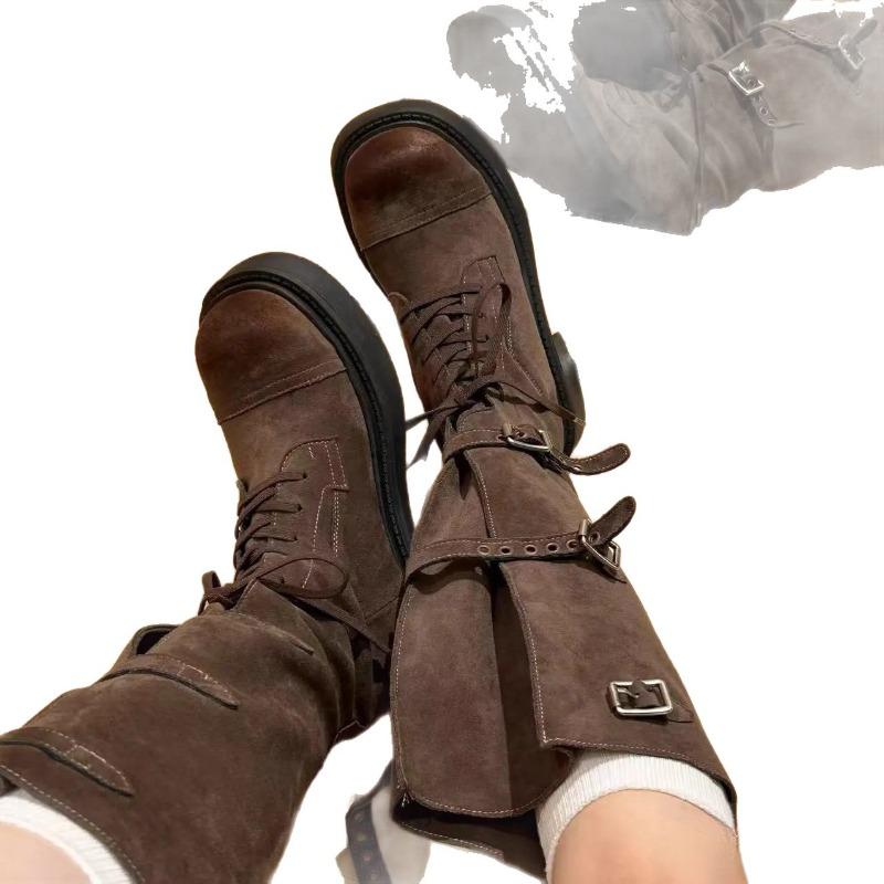 Sheepskin Version Cm Height Increase Thick Heel Thin Knight Boots But Knee High Boots Long Boots Belt Buckle Brown Pile Boots