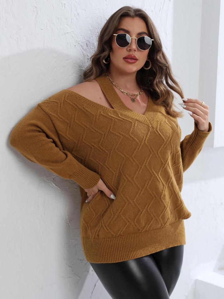 Women's Plus Size Off-the-Shoulder Knit V-Neck Sweater - Autumn & Winter Collection