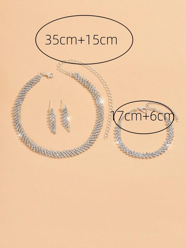 Women's Fashion Geometric Inlaid Zircon Necklace Earrings Bracelet Zircon Set Wedding Party Festival Gift