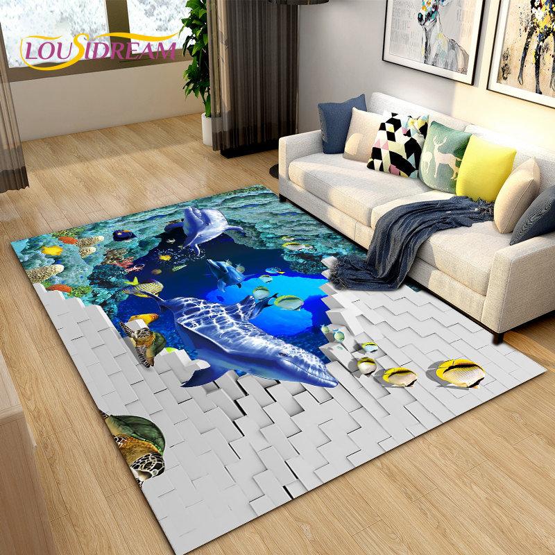 3D Seabed Illusion Underwater World Dolphin Shark Area Rug,Carpet Rug for Living Room Bedroom Sofa Doormat,Non-slip Floor Mat