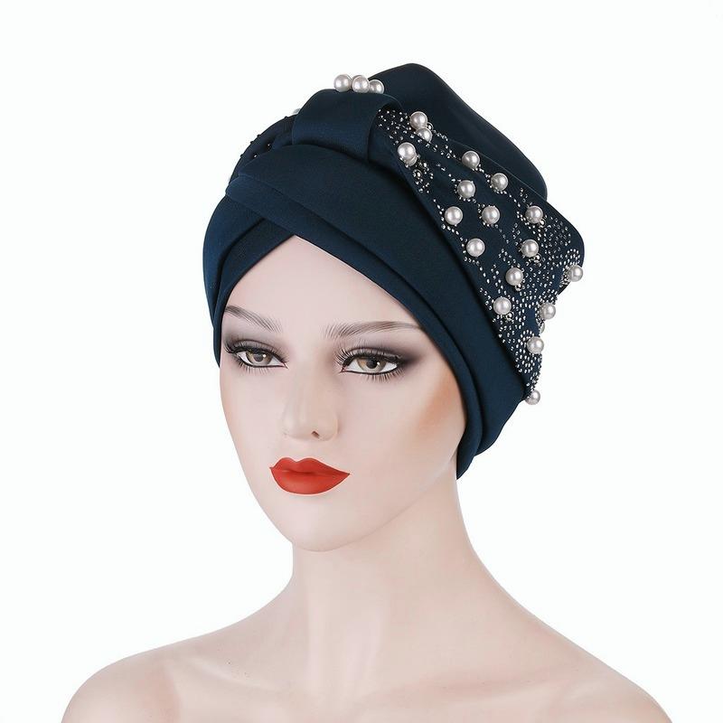 Women's Solid Color Hot Drilling Pearl Turban Hat Cap Head Hat Accessories