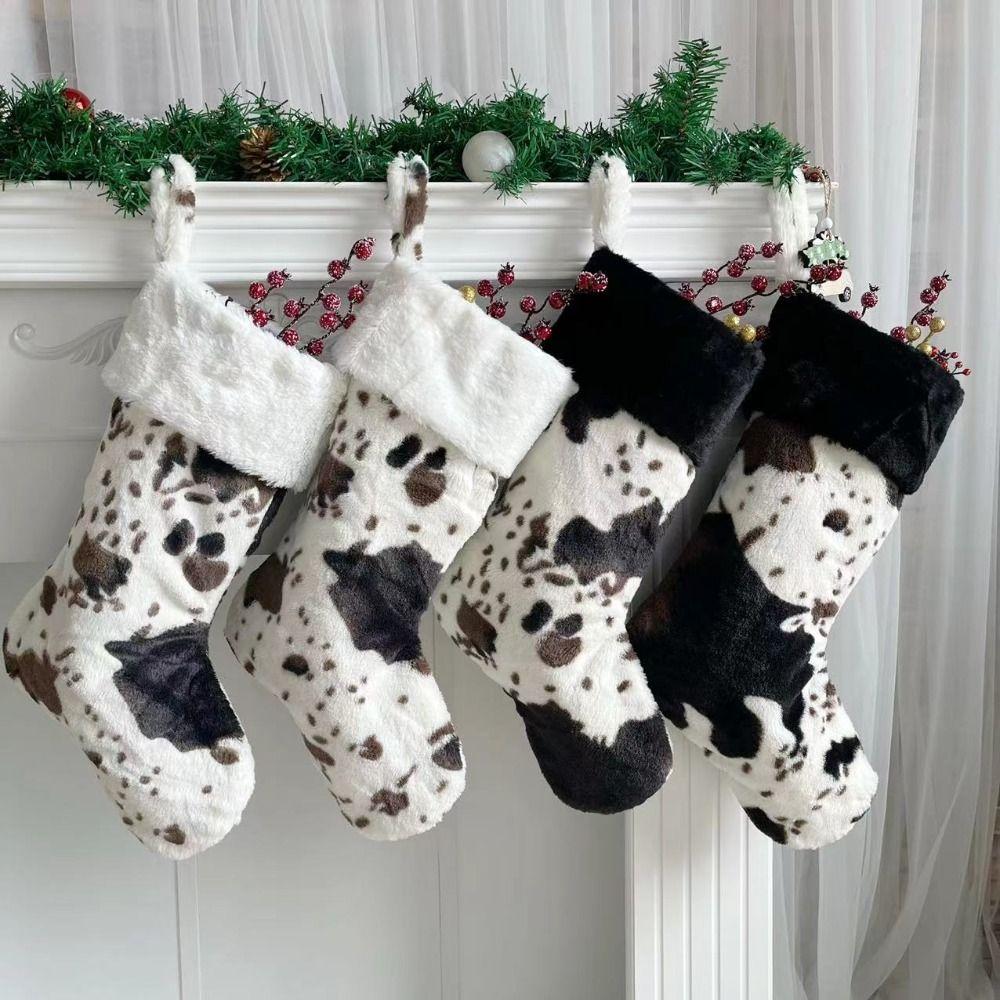 Home Decor Xmas Gift Bag Polyester Stockings Storage Bags New Cow Print Christmas Stockings  Home